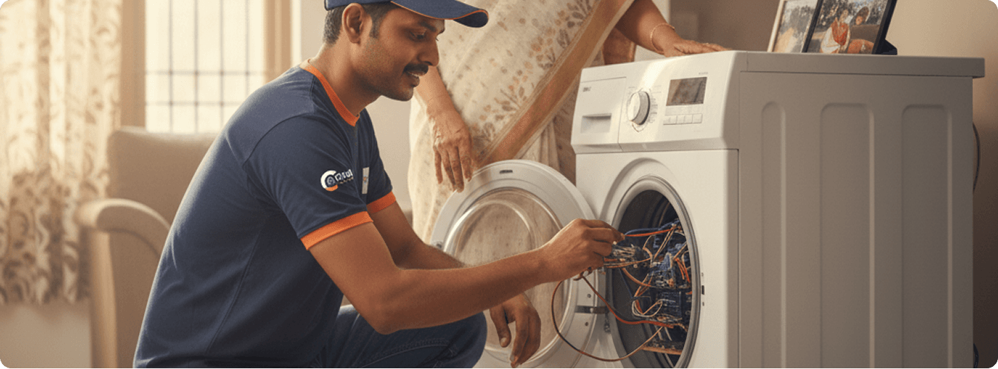 Technician repairing washing machine