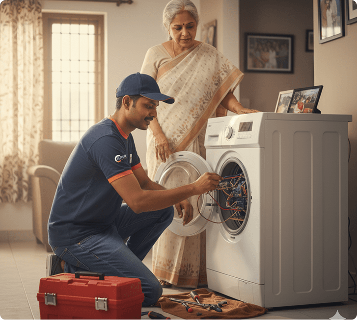 Technician repairing washing machine