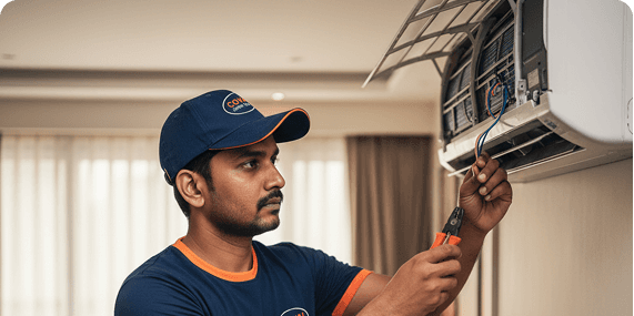 Technician repairing washing machine